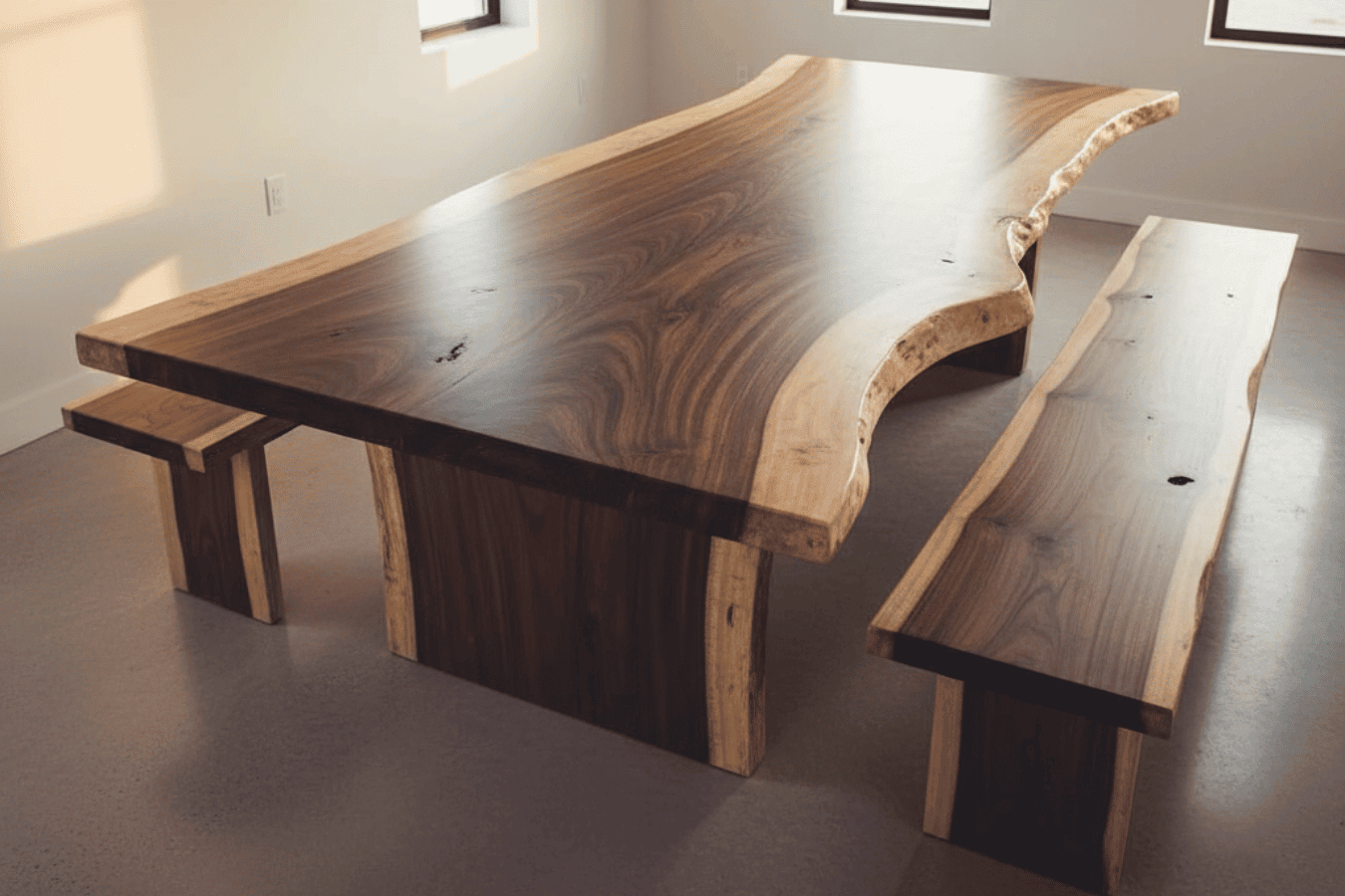 large live-edge walnut dining table and matching benches, smooth grain patterns