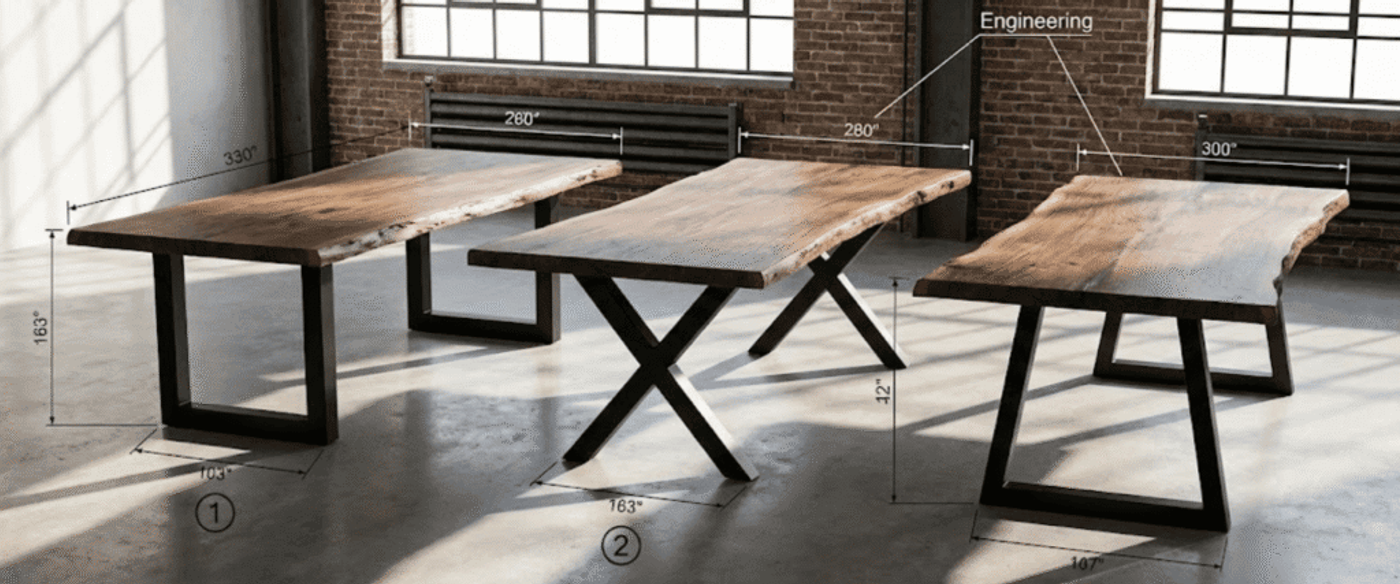 Three live-edge wooden tables with metal bases in a sunlit loft, labeled with measurements and engineering notes