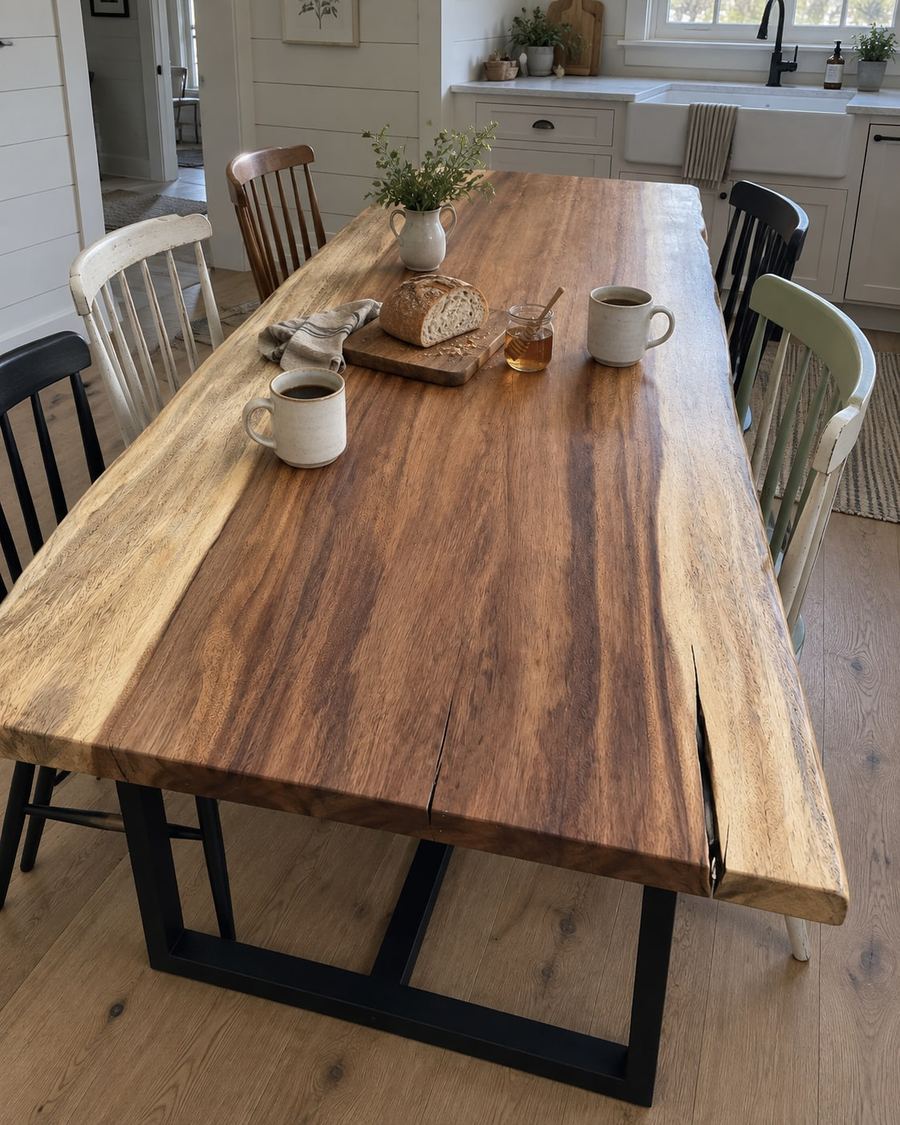 Rendering of the Alicia Sexta slab as a dining table with Tripod Legs in a modern farmhouse home