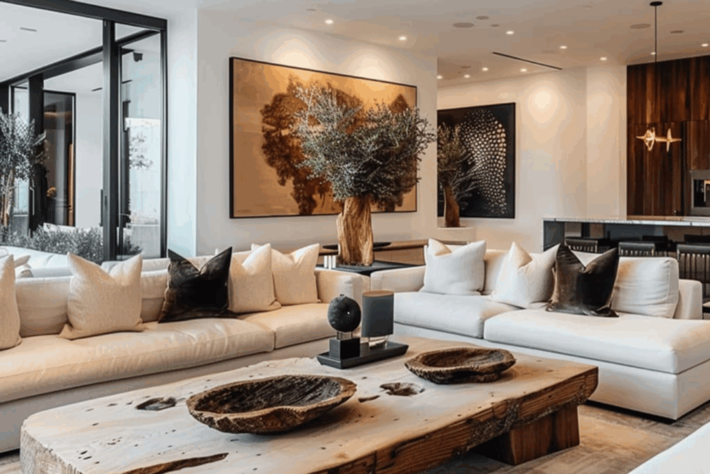 Modern living room with live-edge coffee table, cream walls, and earthy neutral décor for a natural and cozy atmosphere.