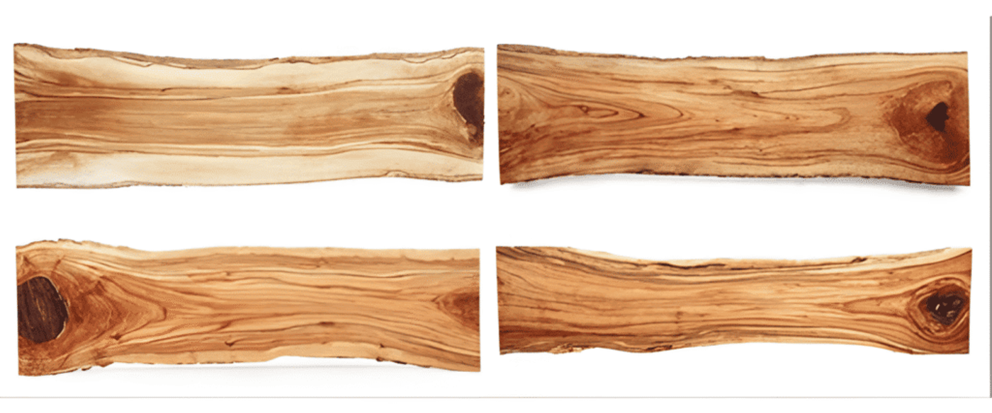 weathered olive wood planks with rich grain patterns and knots arranged in two rows