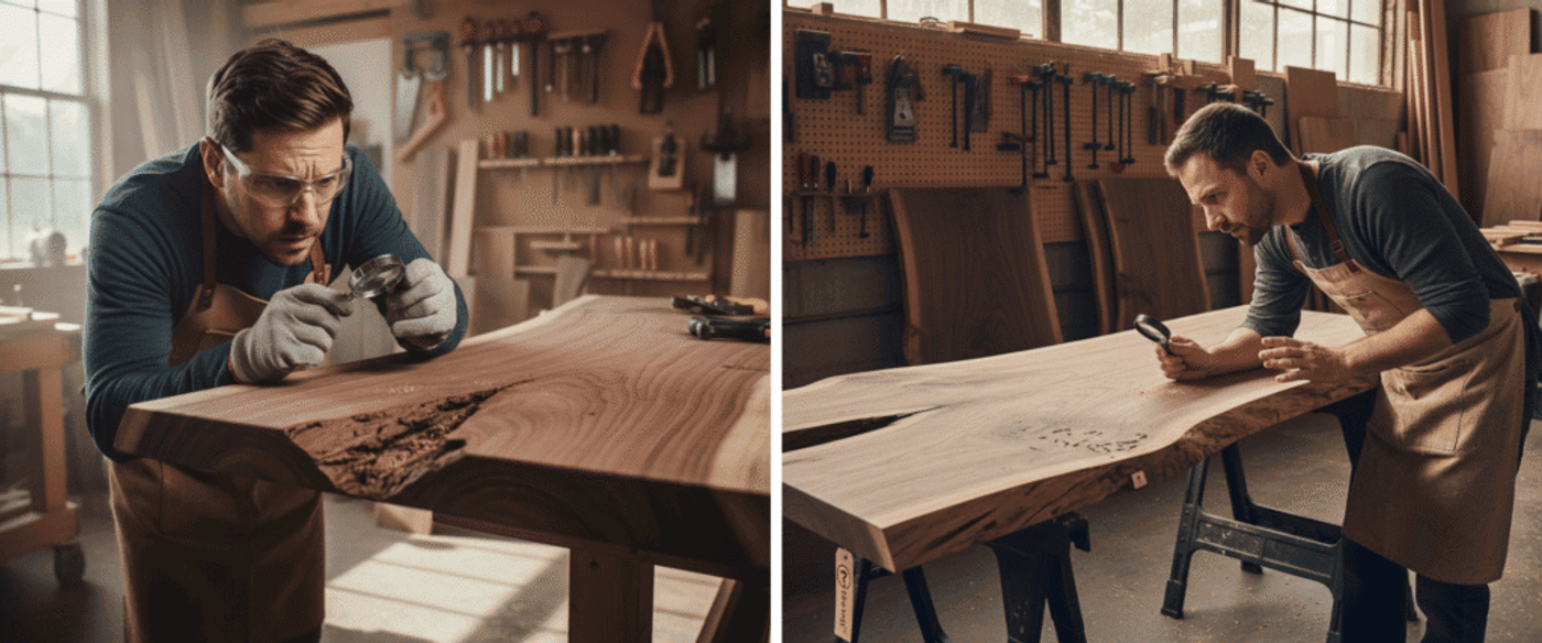 Carpenter in workshop inspecting a live-edge walnut slab with a magnifying glass, apron and tools visible in background.