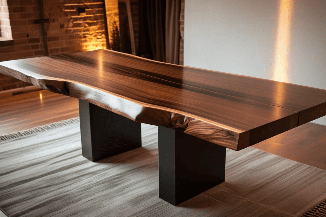 Live edge wooden table with a smooth polished surface and sturdy black legs in a modern interior.