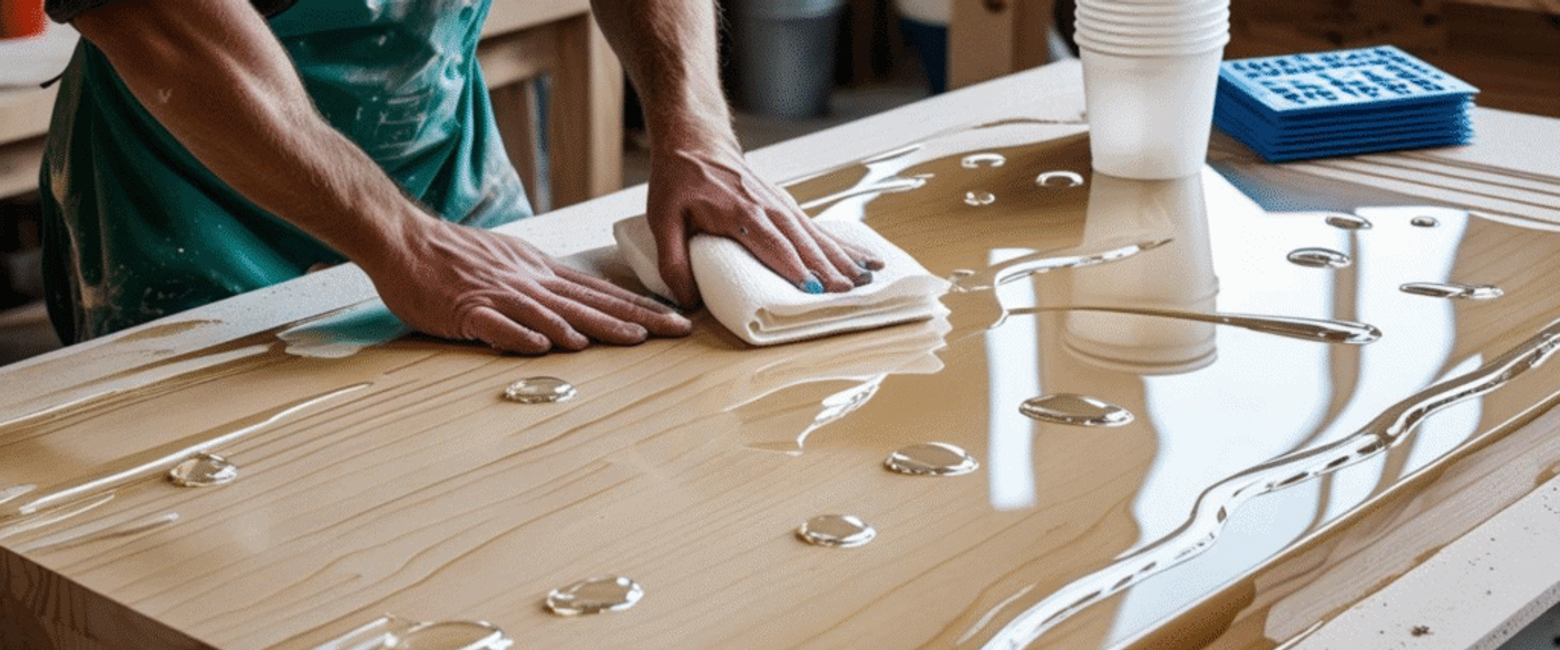 Water-resistant coating being applied and wiped on a wooden surface to protect it.