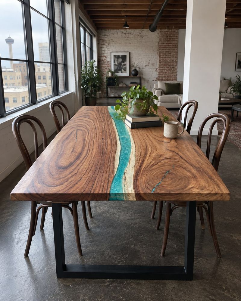 Rendering of the Daniela Sexta slab as a dining table with Traditional Legs in a industrial loft home