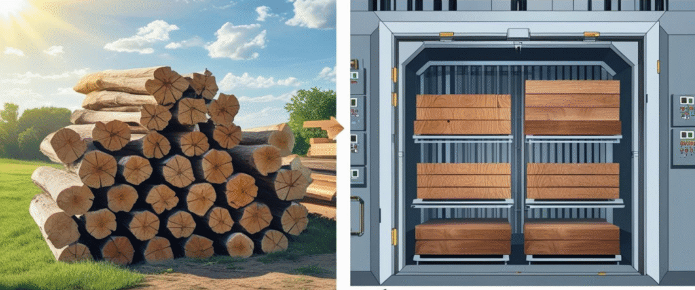 Wood logs (left) are processed and dried (right) in a kiln to reduce moisture content for better durability and quality.