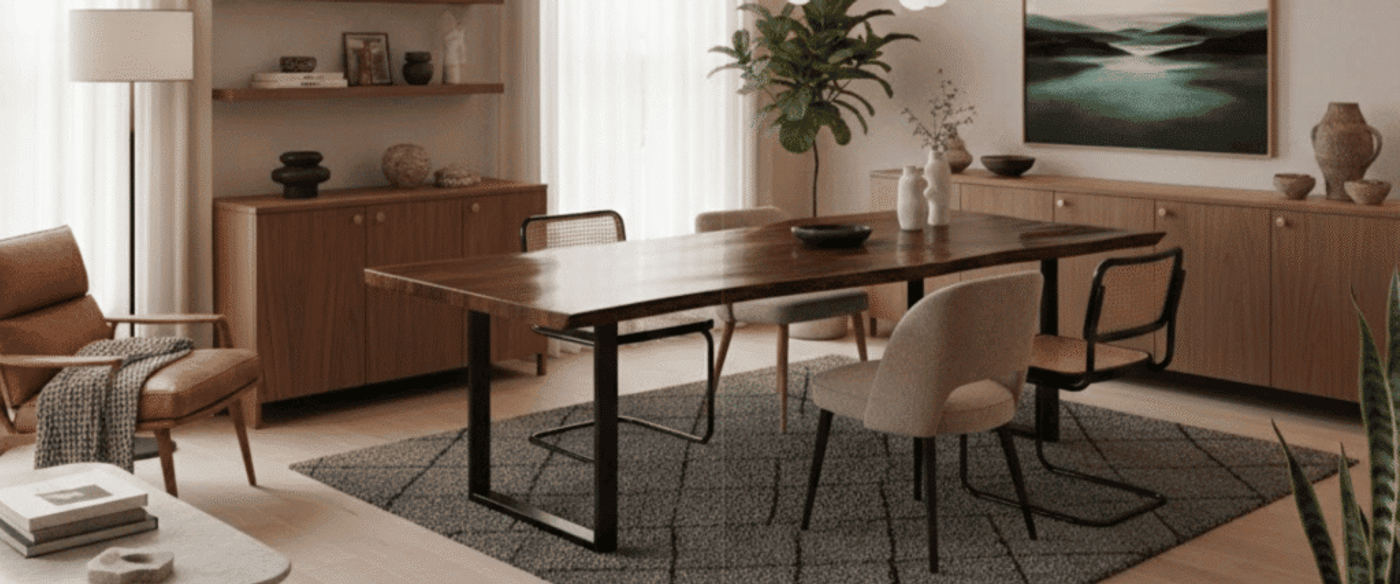 Warm modern dining room with wooden table, mixed chairs, pendant light, textured rug, plants and art, soft natural lighting throughout