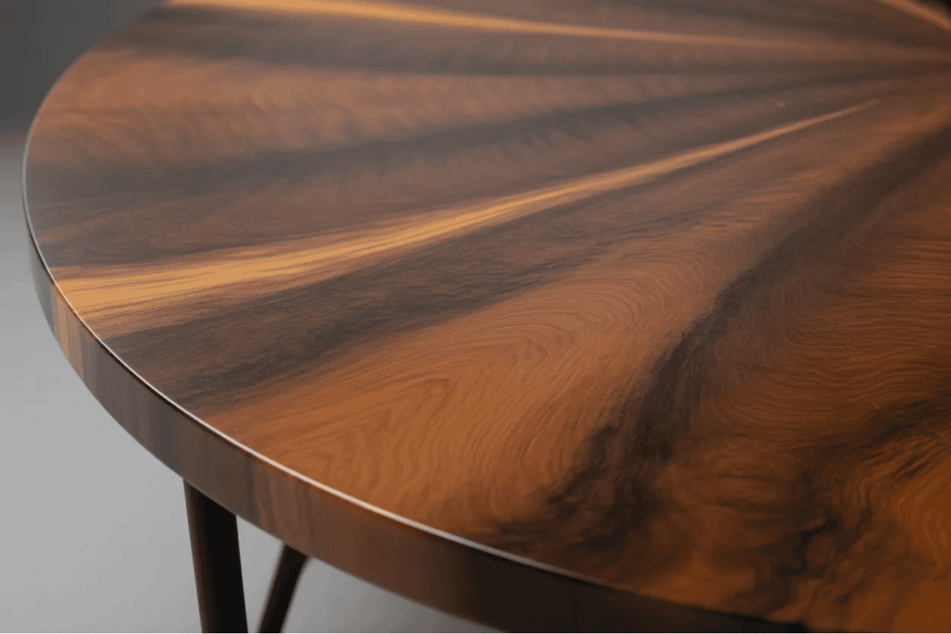 Wooden table surface with rich grain patterns and smooth finish, showing natural wood texture and elegant design.