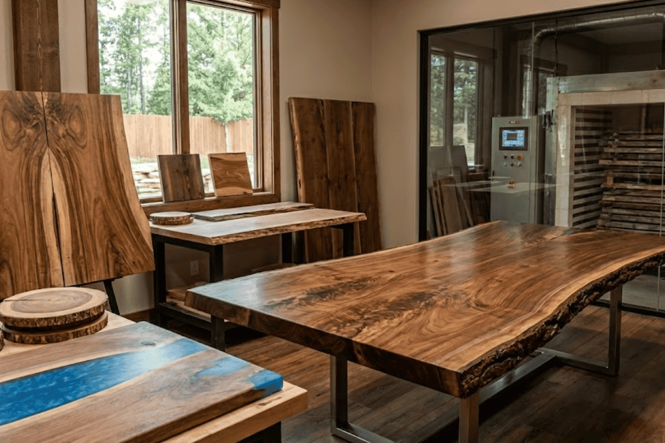 Live-edge walnut dining table and wood slabs in a bright woodworking studio with windows and drying kiln