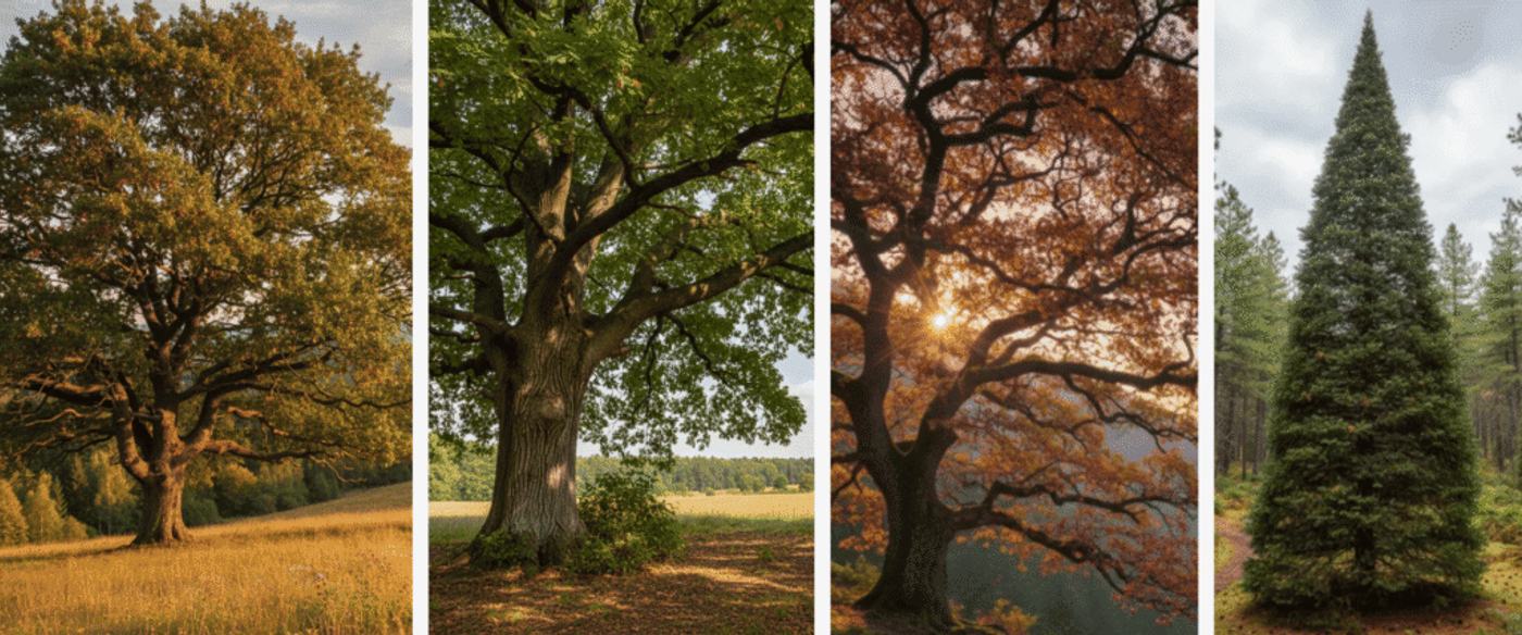 on one side, a leafy deciduous tree like an oak or maple and on the other, a tall evergreen conifer like pine or cedar