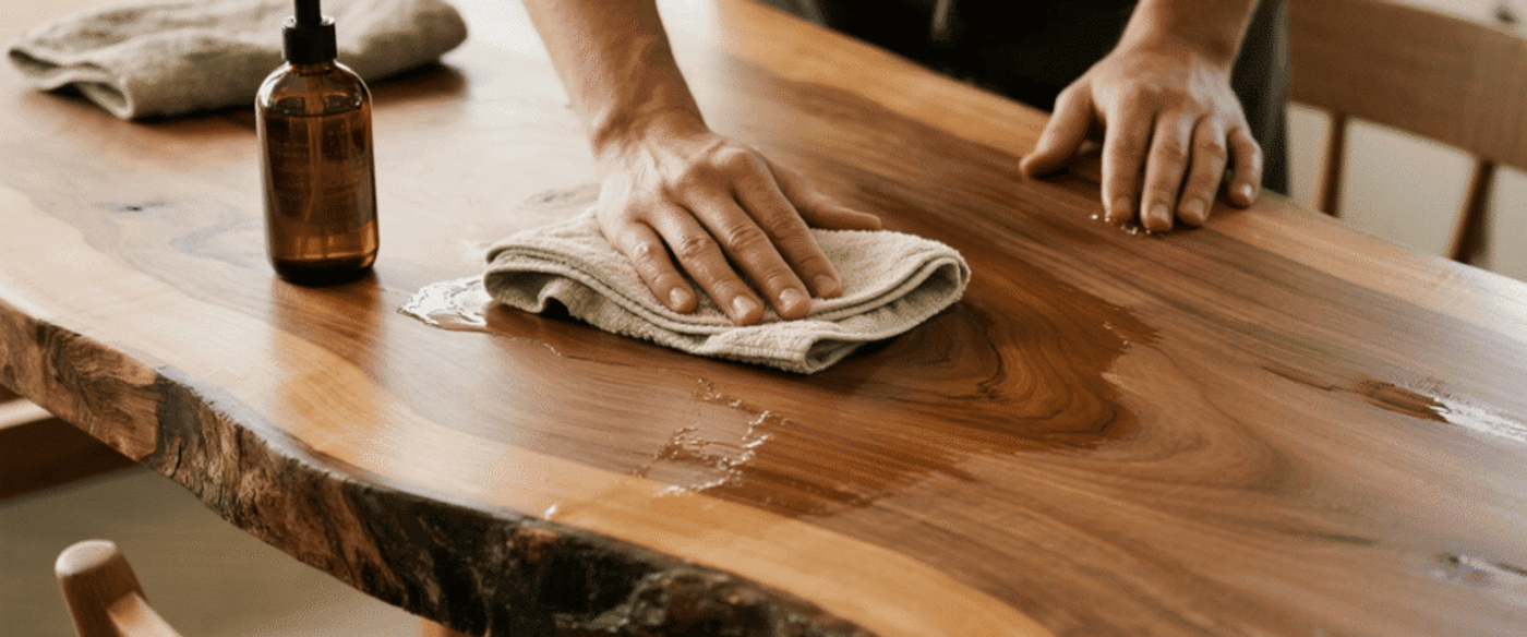 Person wiping a live-edge wooden table with a cloth, bottle of cleaner nearby, hands polishing the grain and removing water.