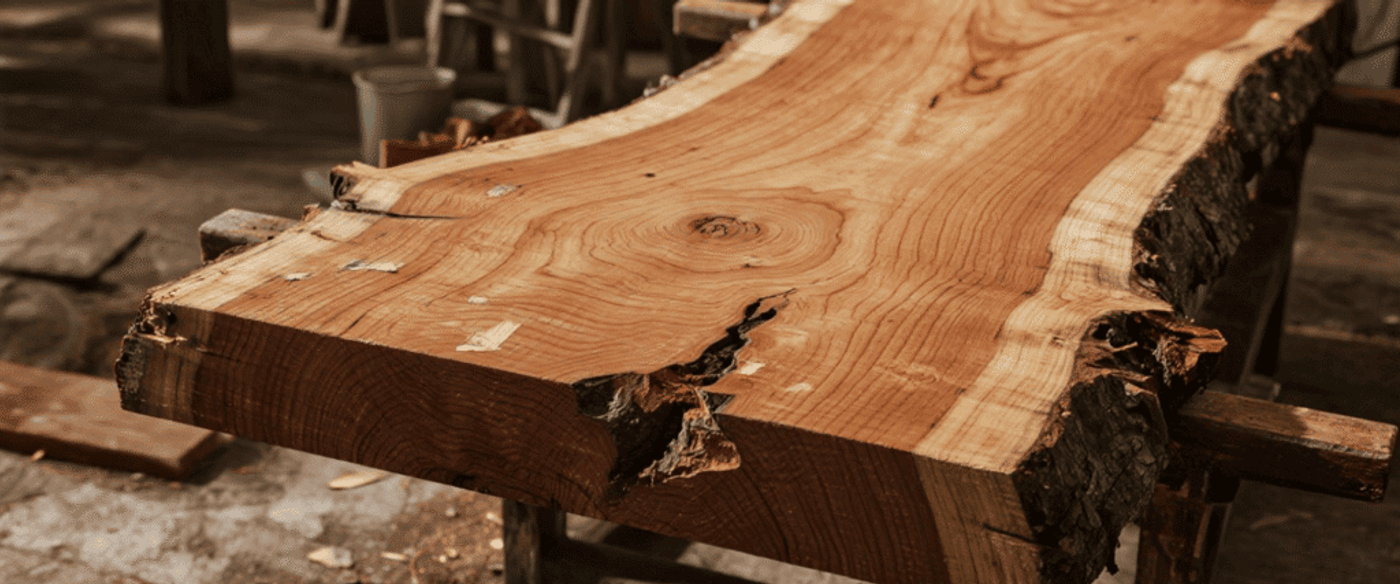 Live-edge cedar slab on a workbench in a woodshop, showing growth rings, bark edges, and woodworking tools in background.