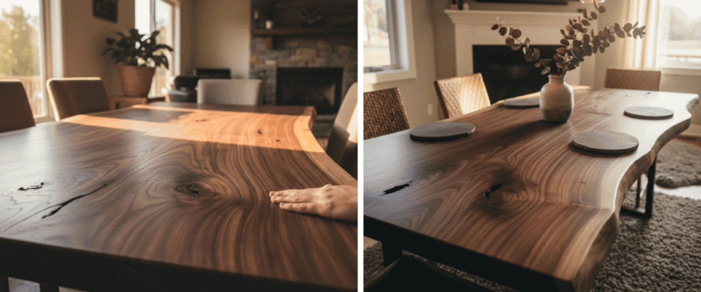 live-edge wooden dining table in sunlit modern dining room with chairs, plant
