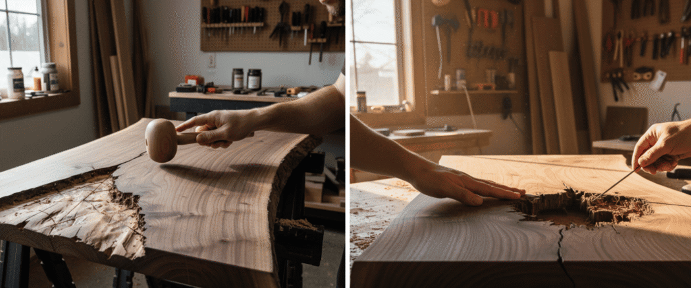 Woodworker tapping a live-edge walnut slab with a wooden mallet in a sunlit workshop, shaping and smoothing the natural grain.