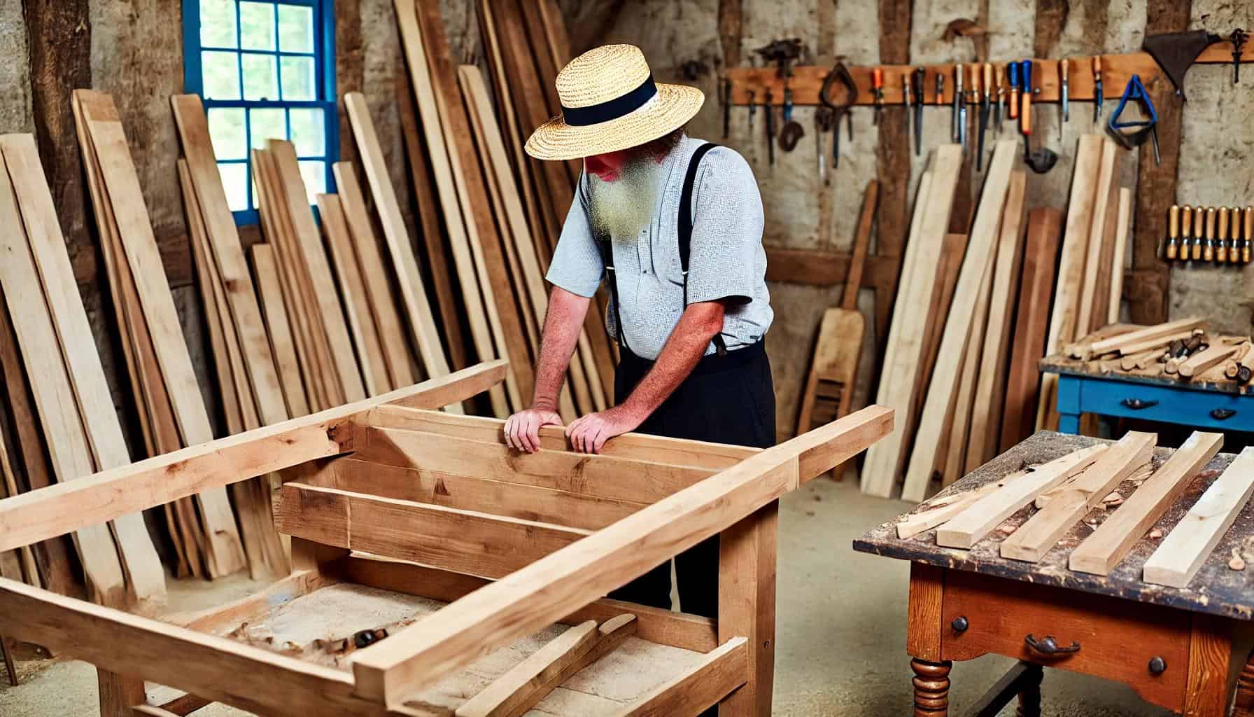 Amish man building a wooden dining table in a traditional workshop"