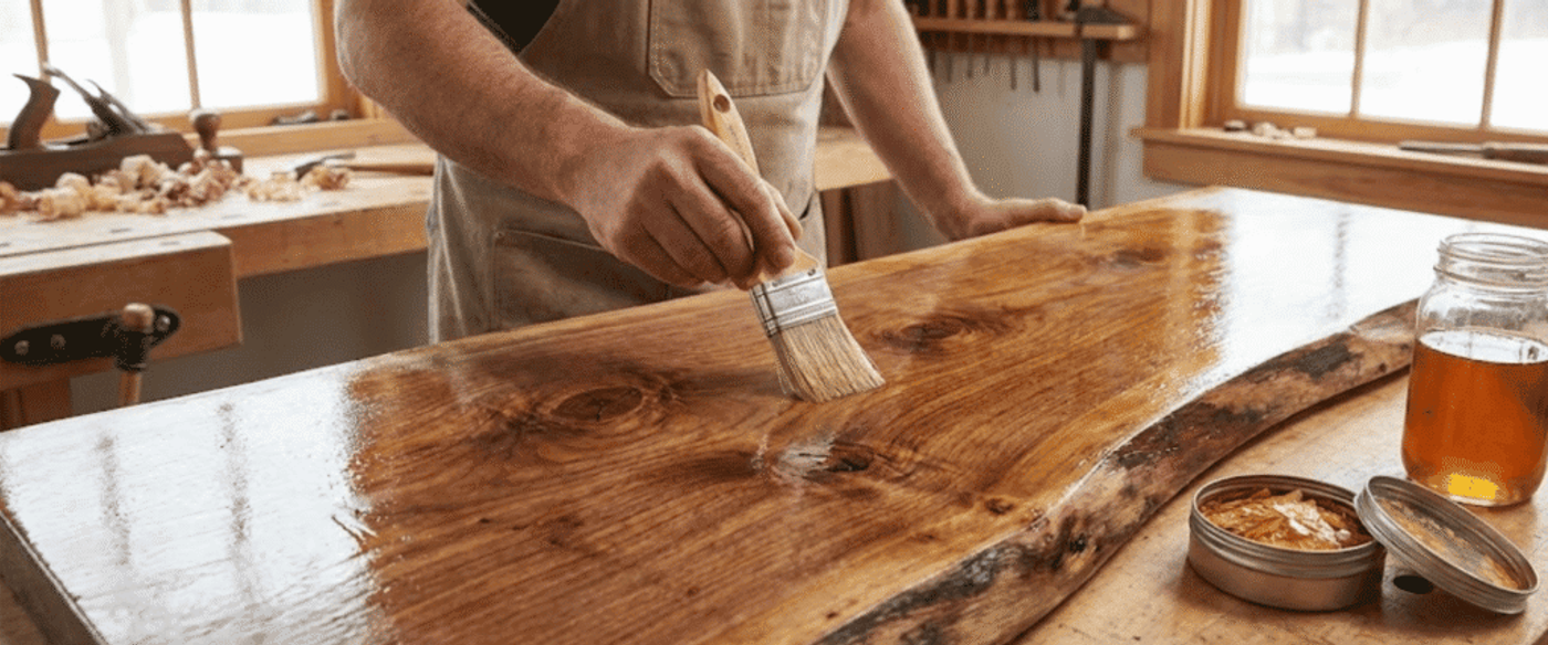 Person applying clear finish to a live-edge wooden slab with a brush in a sunlit workshop, jar and tin of finish on the bench