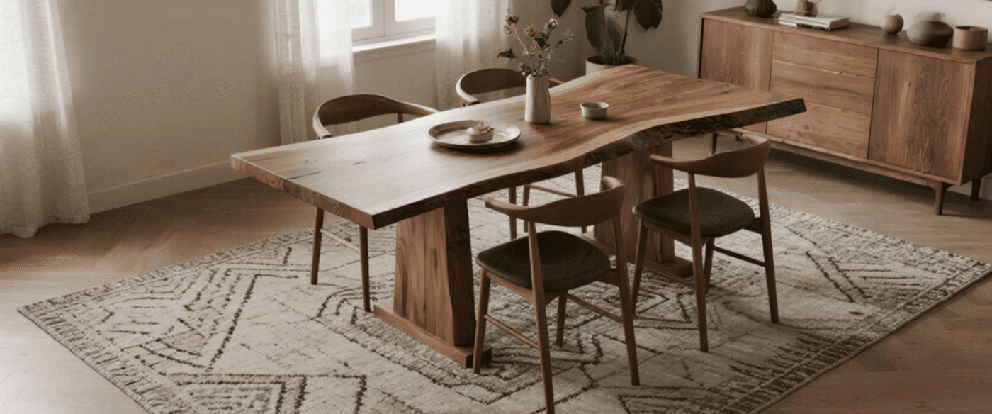 Wooden dining table with four chairs on patterned rug in a cozy, minimalist room with natural light and simple decor.