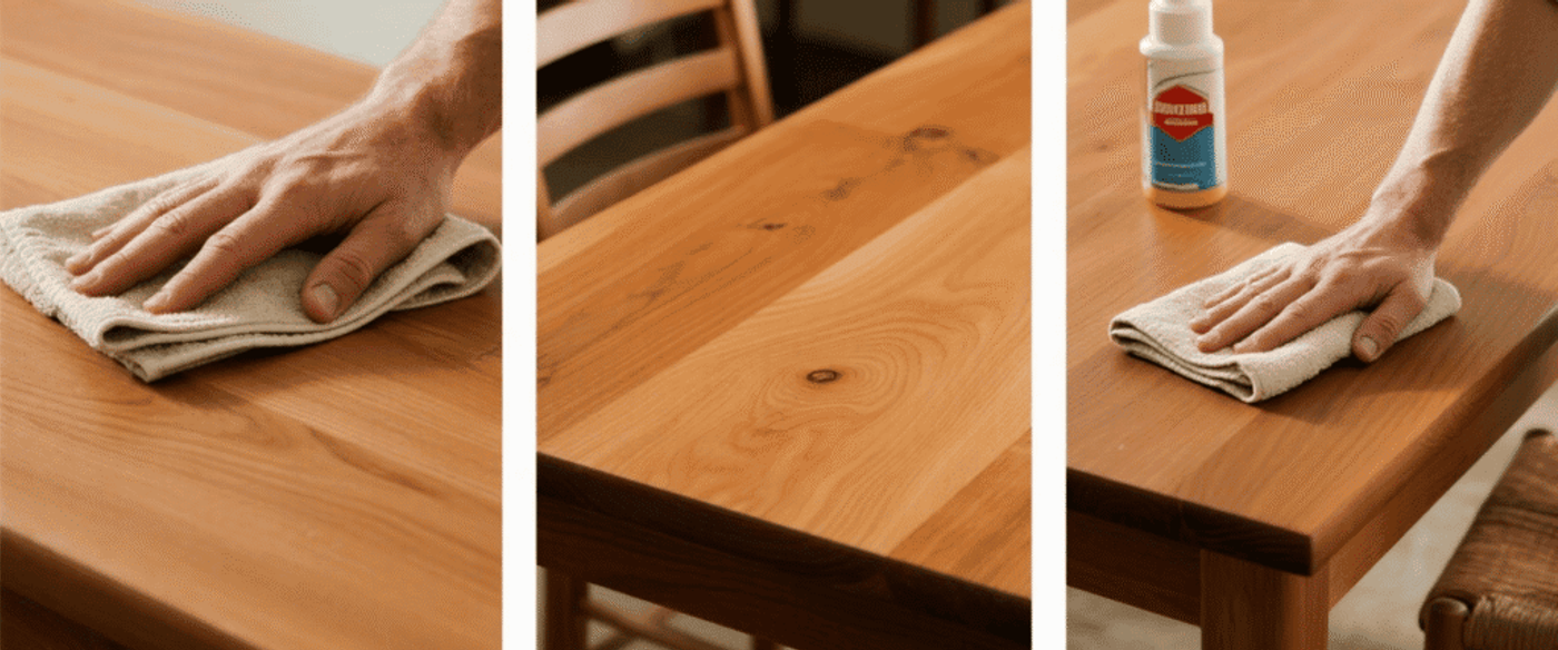 Cleaned wooden table being wiped with a cloth and polish bottle nearby, hand polishing smooth grain in warm light.