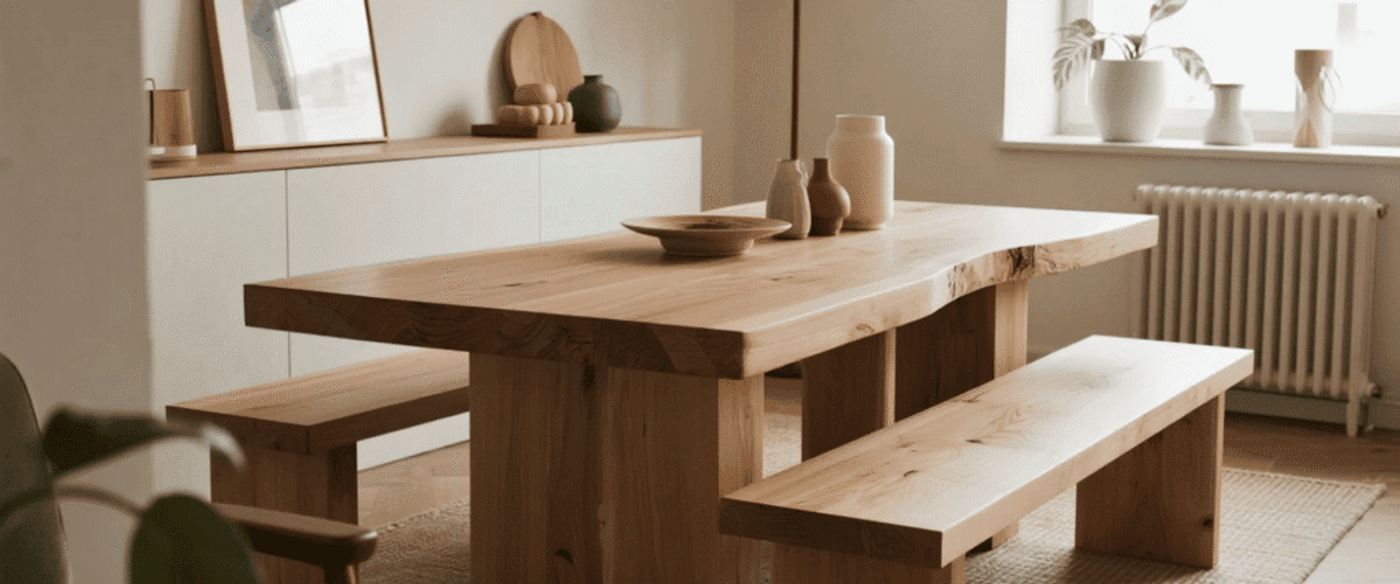 Sunlit minimalist dining room with a solid live-edge wooden table, matching benches, neutral ceramics, and potted plant by the window.