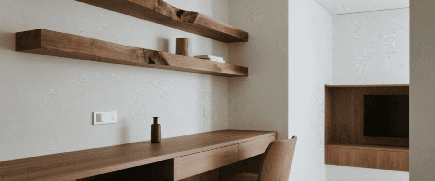 Minimalist wooden desk and shelves in a clean, modern room with neutral tones, featuring a small decor piece and built-in TV space.