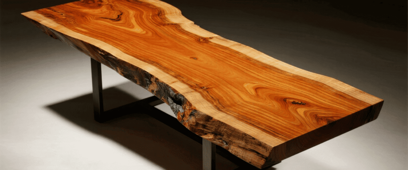 Live-edge wooden table with rich amber grain and natural bark edge, mounted on black metal legs — handcrafted modern dining table