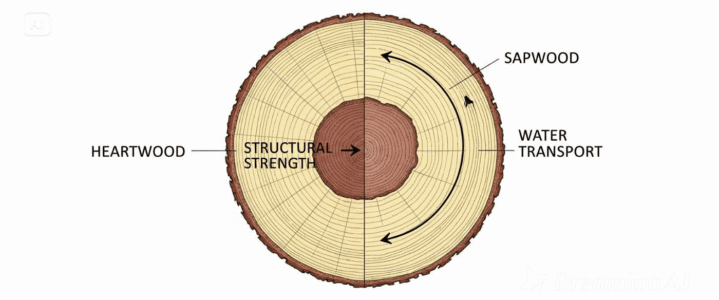 Cross-section of a tree trunk showing concentric growth rings, labeled heartwood (center), sapwood