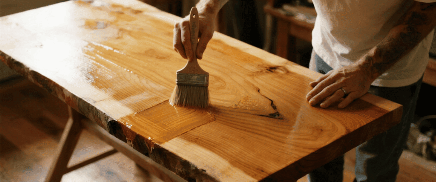 Man applying clear varnish with brush to a live-edge wooden table top in a workshop, hands and tattoos visible.