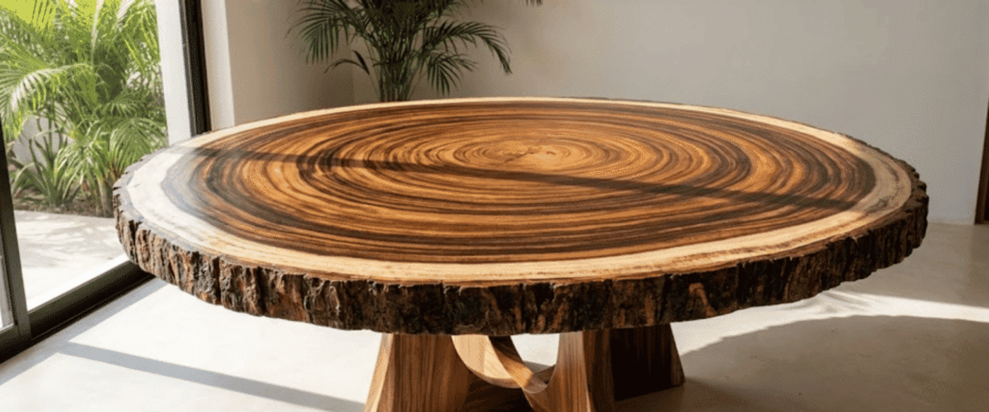 Round live-edge wooden dining table with rich concentric grain rings, polished surface and sturdy carved base in sunlit modern room