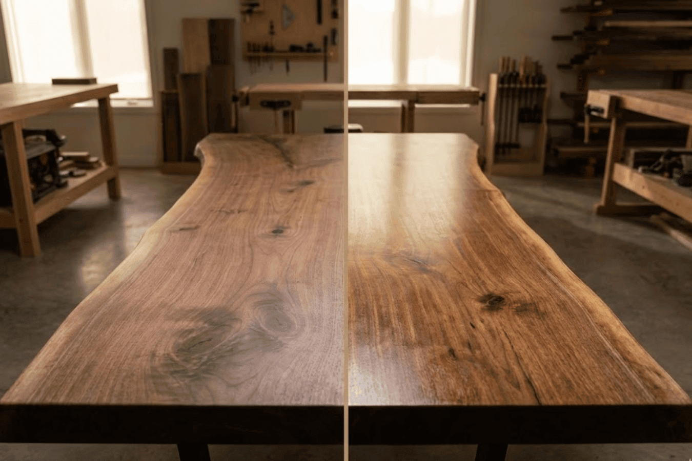 Live-edge walnut table in workshop, split view showing raw sanded left and glossy finished right, wood grain and knots visible, tools in background