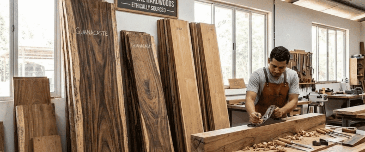 Craftsman planing a large hardwood beam in a bright workshop, surrounded by stacked tropical hardwood slabs and hand tools