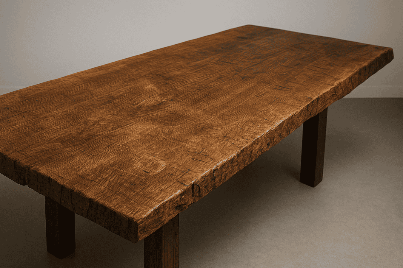 Wooden dining table with rustic finish and sturdy legs.