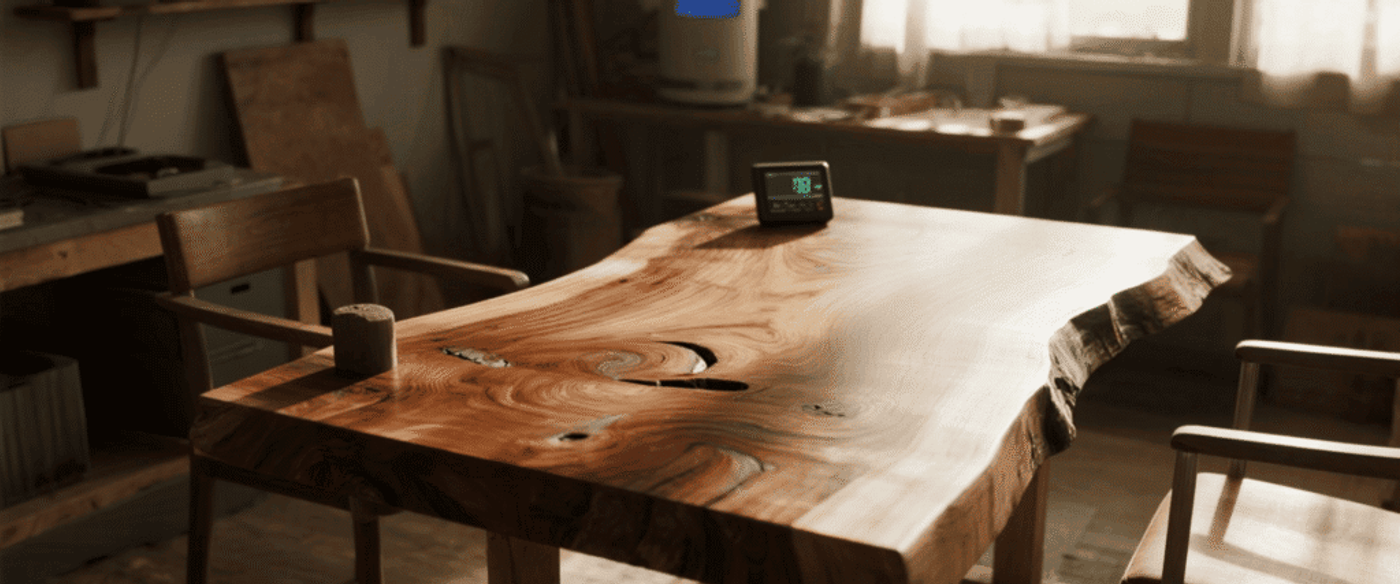 Rustic live-edge walnut table with woodshop chairs, natural light highlighting grain and knots — small digital clock on tabletop.