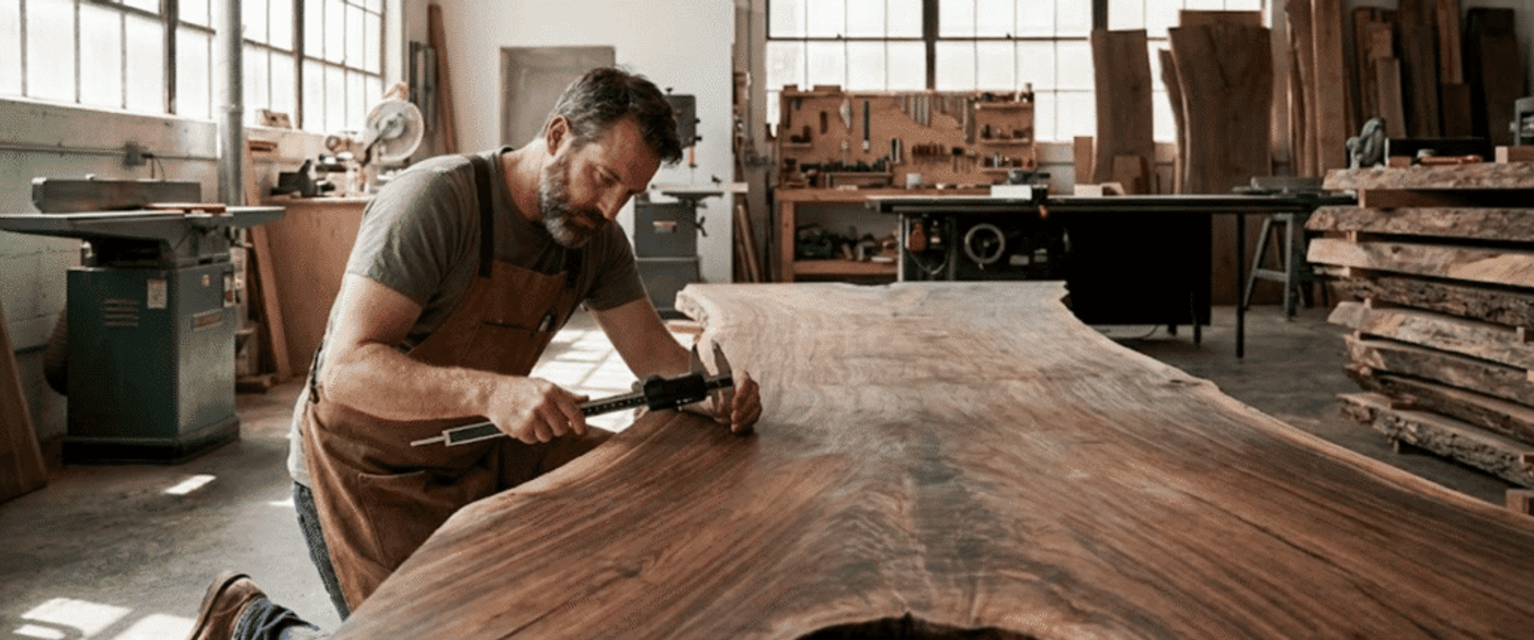 Crafting a live-edge walnut slab table in a bright woodworking shop, measuring and shaping the large natural wood surface