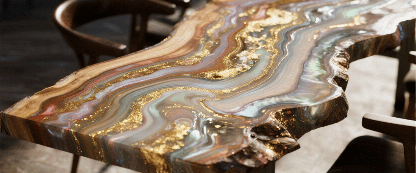 Close-up of a polished wooden table with colorful, swirling resin and gold accents, surrounded by wooden chairs.