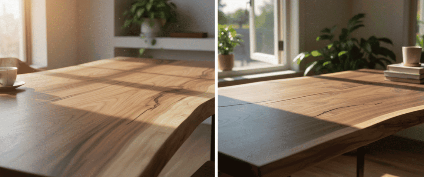Sunlit wooden table with natural grain, coffee cup at edge, soft shadows and a potted plant on a shelf in a cozy room.