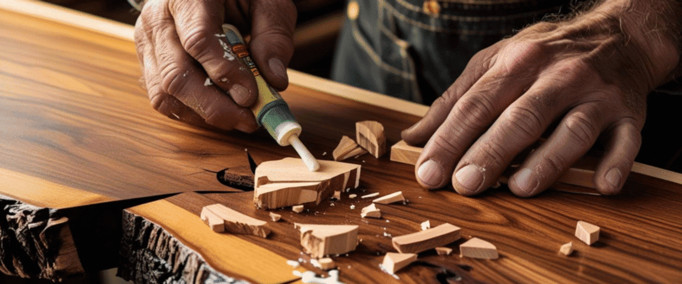 Woodworker applying glue to small wooden pieces for repair or assembly on a polished wooden surface.