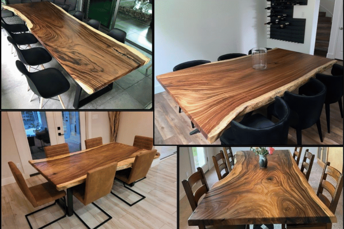 Live edge wooden dining tables with natural grain patterns, paired with modern chairs, showcasing a blend of rustic and contemporary styles.