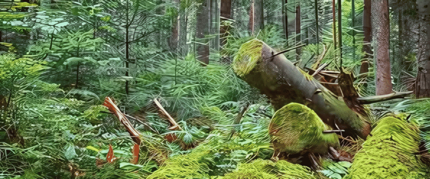 Moss-covered fallen logs and dense green undergrowth in a tranquil mixed forest with tall pine trunks and scattered ferns.