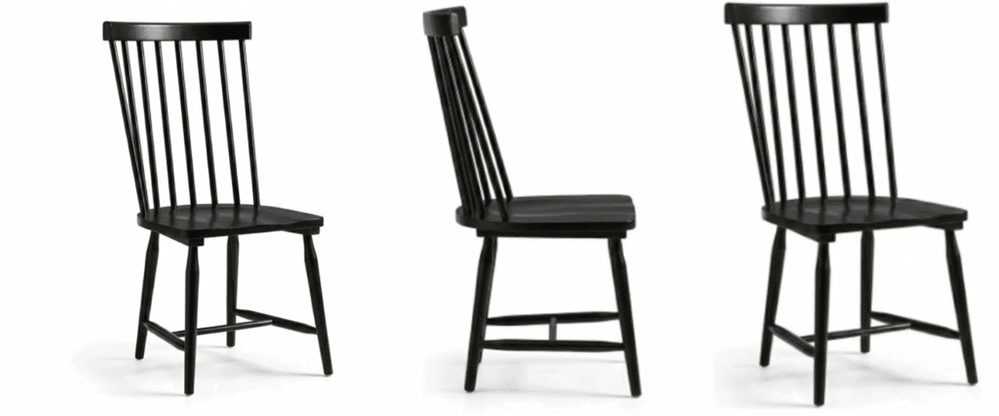 Black wooden spindle-back dining chair with flat seat, four angled legs and crossbar supports, shown on white background