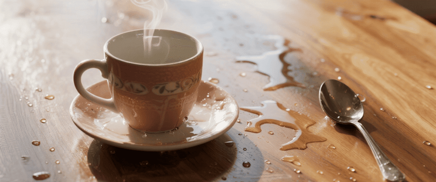 Steaming pink teacup on a wooden table with spilled tea and a spoon, sunlight reflecting on droplets.