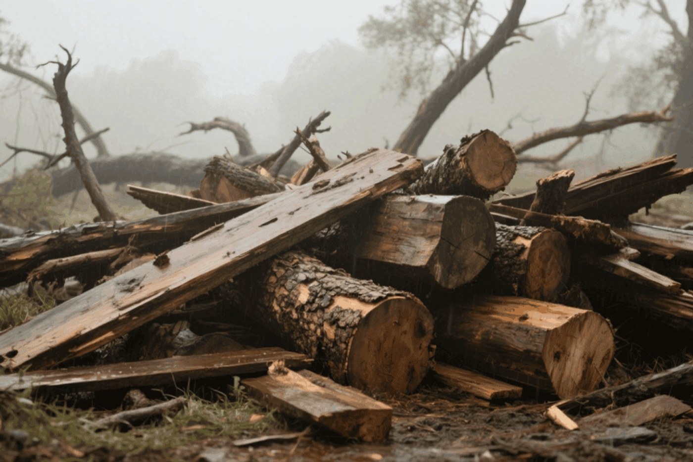 Pile of cut tree logs and broken wooden planks on the ground in a foggy forest.
