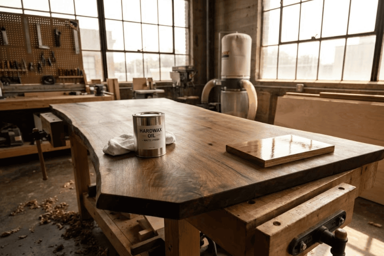 Handcrafted walnut workbench in sunlit woodshop with can of hardwax oil and sample board on smooth live-edge tabletop