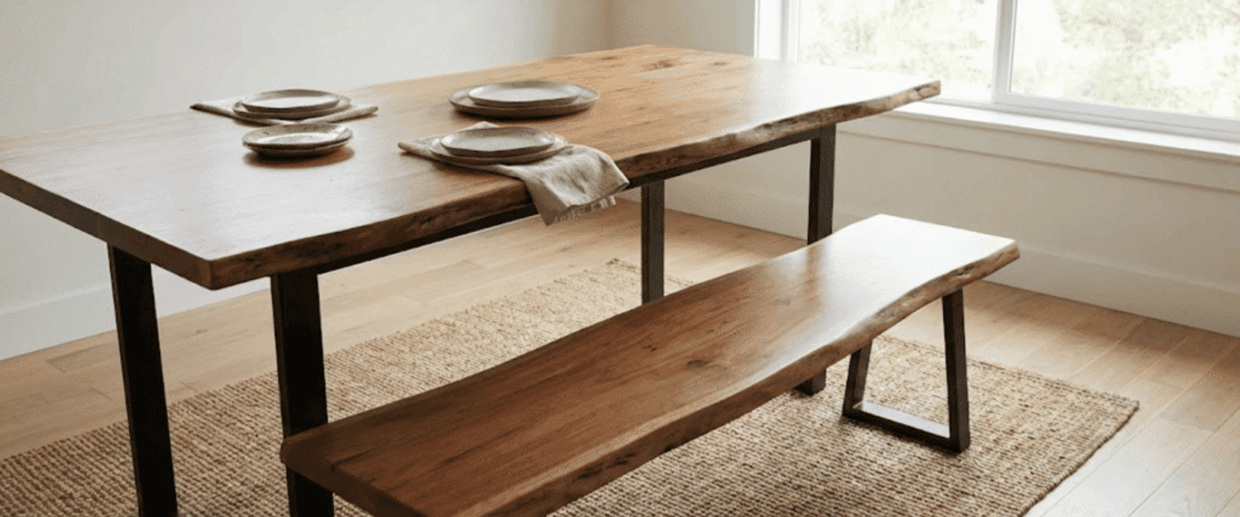 Solid live-edge wood dining table and bench with metal legs, place settings, neutral rug, and sunlight from a large window