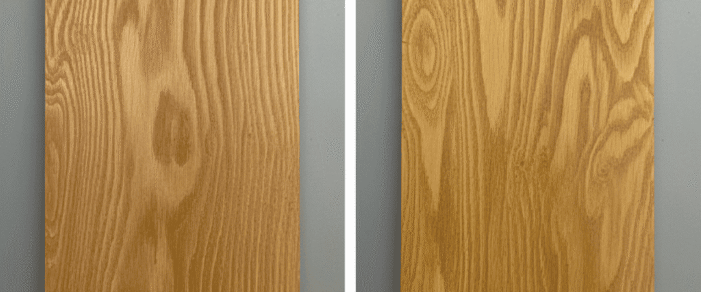 Fresh and aged wood veneer panels side-by-side on gray background, showing light oak grain differences and glossy finish.