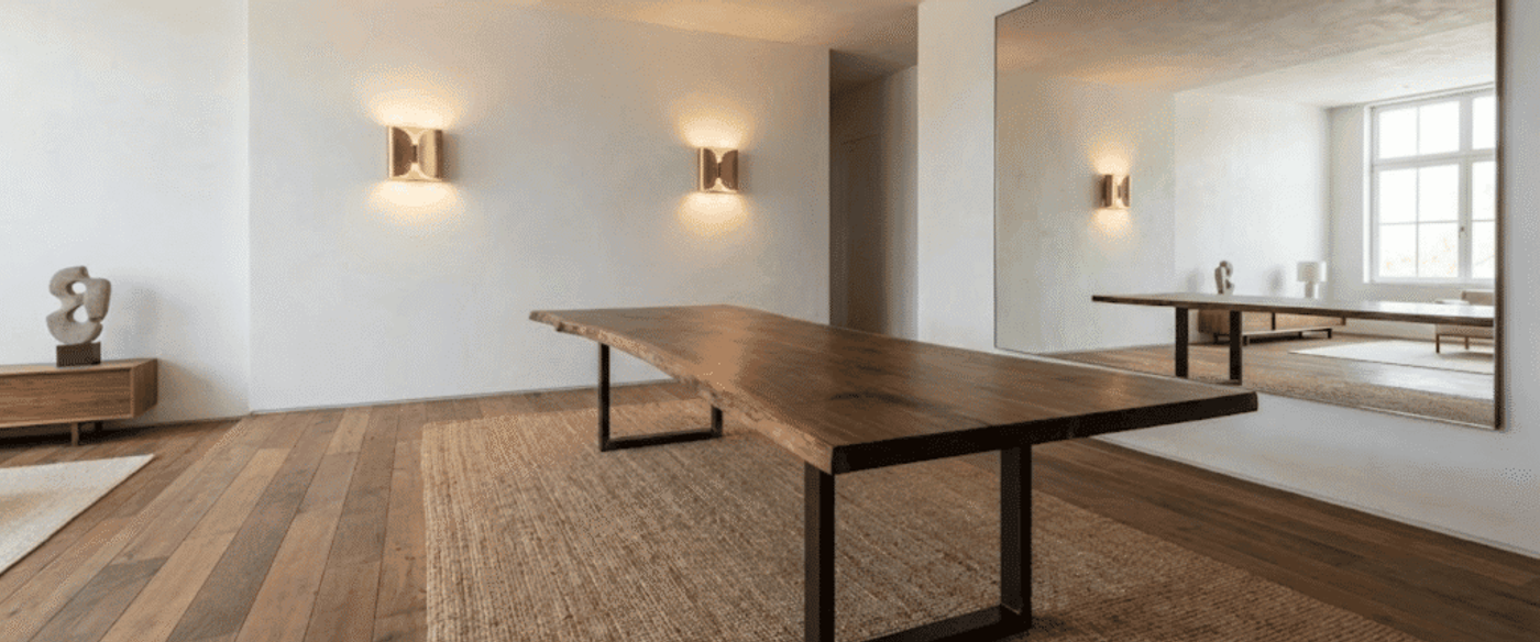 Warm, minimalist dining room with a long live-edge wooden table, textured jute rug, wall sconces, sculptural decor, and large mirror