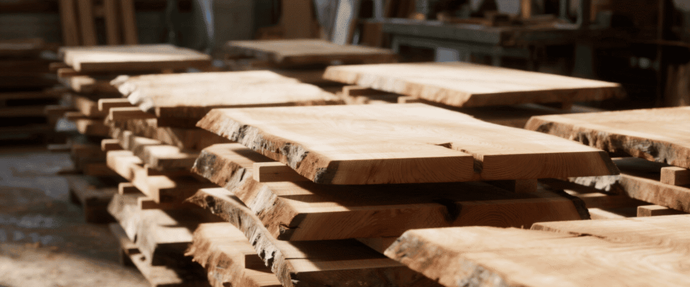 stack of thick live-edge wood slabs with visible natural edges, neatly arranged with spacers for air circulation in a well-lit workshop