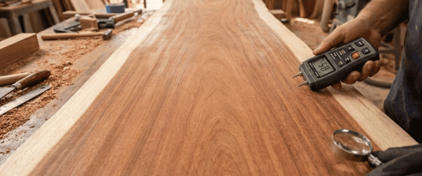 Hand measuring moisture of a finished live-edge wood slab on a workshop bench with chisels, shavings, and tools