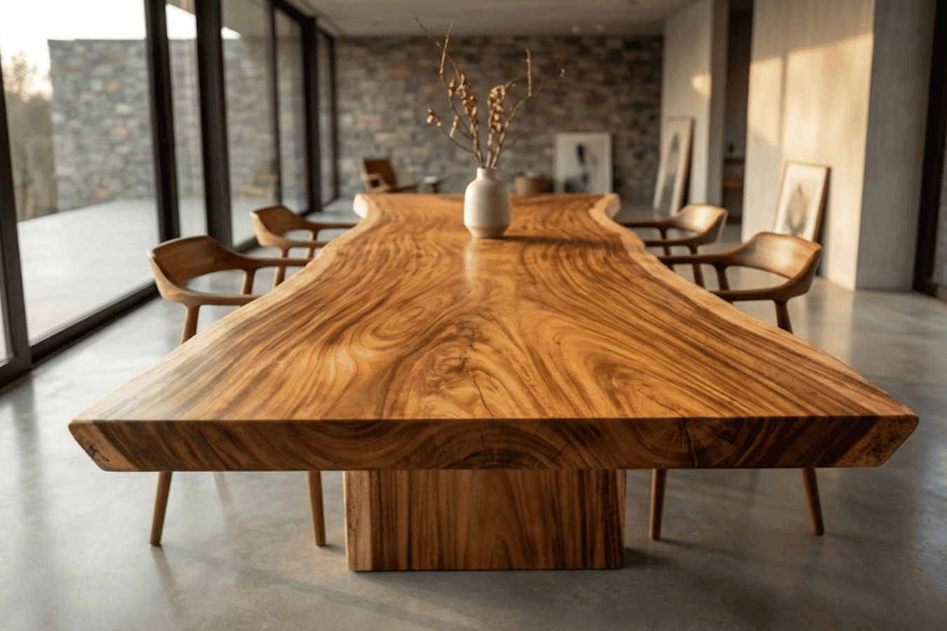Wide live-edge wooden dining table with vase centerpiece, surrounded by modern chairs in a sunlit glass-walled room