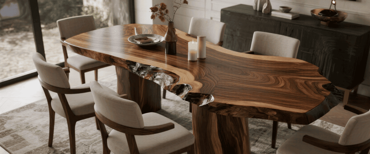 Live-edge walnut dining table with six upholstered chairs, candles and vase centerpiece in a sunlit modern dining room.