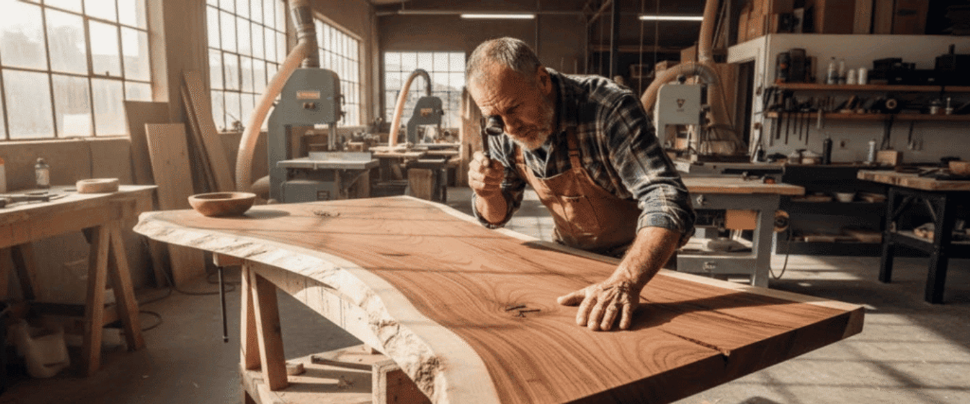 Woodworker smoothing a live-edge walnut slab on a workbench in a sunlit workshop filled with tools and machines